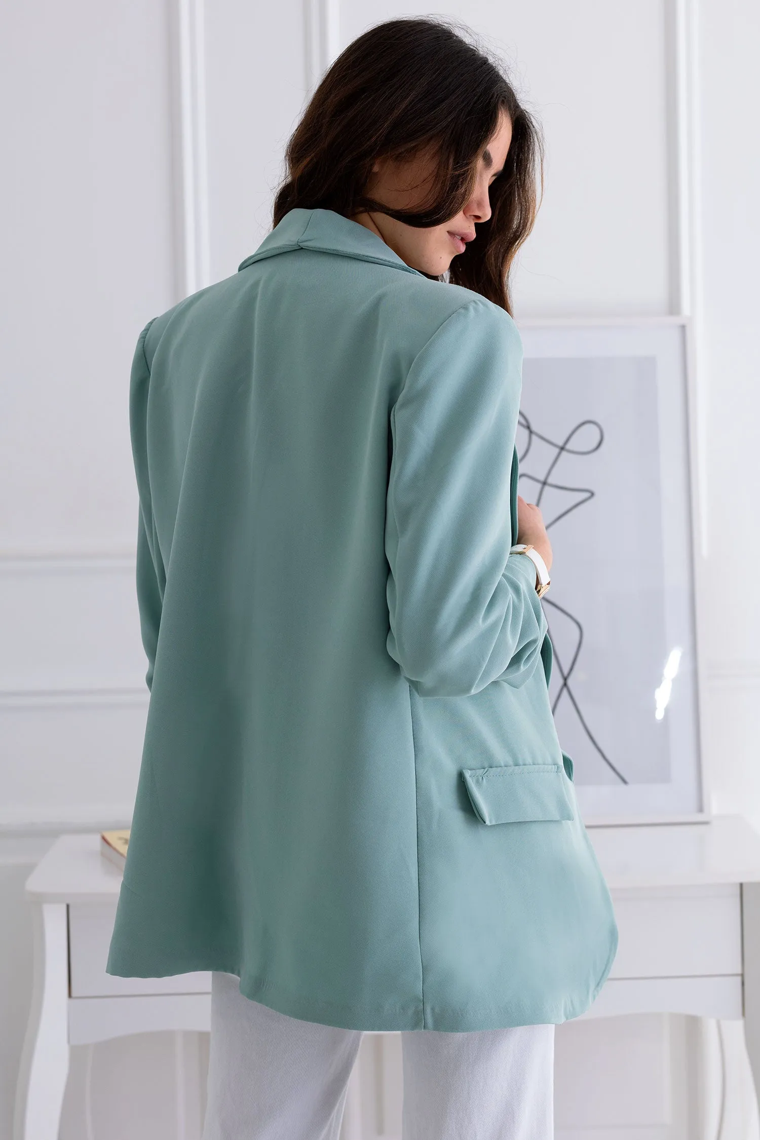 Giacca blazer aperta verde con maniche arricciate