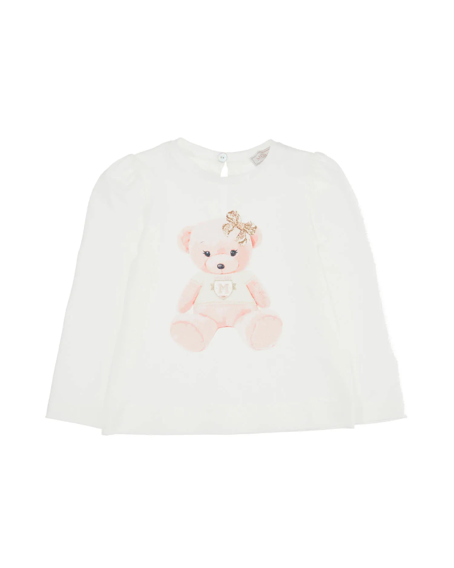 T-shirt bianca manica lunga in cotone con stampa maxi orsetta 12-24 mesi
